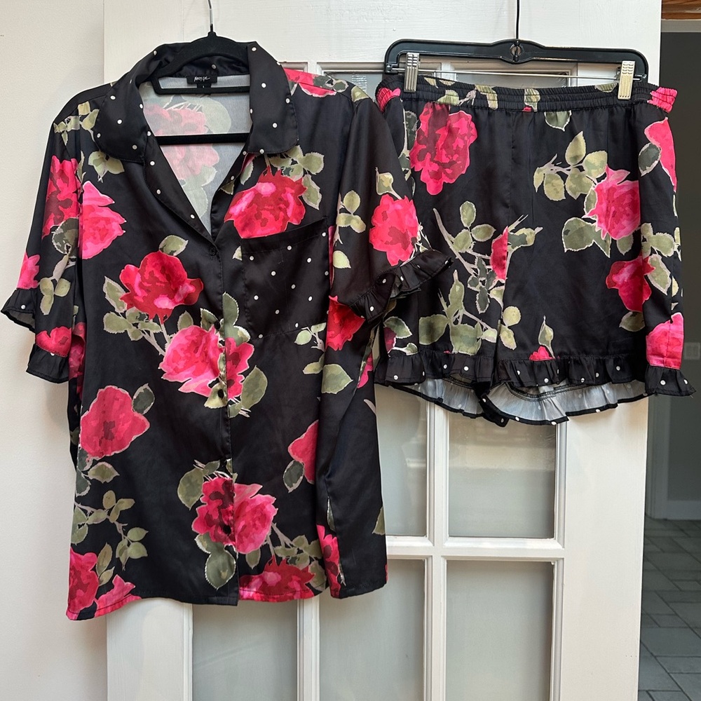 Nasty Gal Rose Floral Black Pink Ruffle Polka Dot Pinup Pajama Set Size Large L